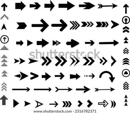 This set includes over 65 flat and chevron-style black arrow icons, and a play button symbol-sign. These icons are perfect for various apps,designs that require clear, concise directional indicator