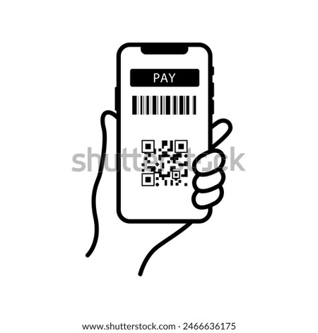 Scan qr code icon, hand paying with phone, scanner app, on white background.