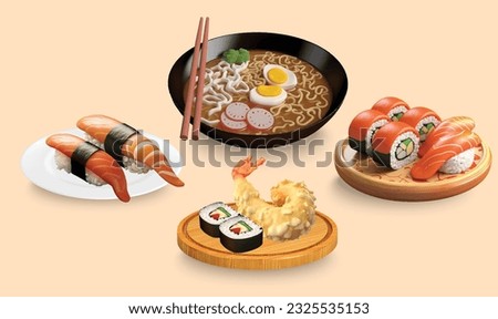 Japanese food, Sushi realistic set, Ramen, Tempura