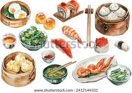 Watercolor Asian Food. isolated objects on white background. Set of watercolor chinese food dim sum. Hand drawn different types of asian food in wooden steamers