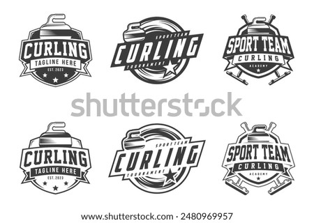 Curling sport badge logos vector illustration, emblems set collection and design elements, monochrome style curling logo