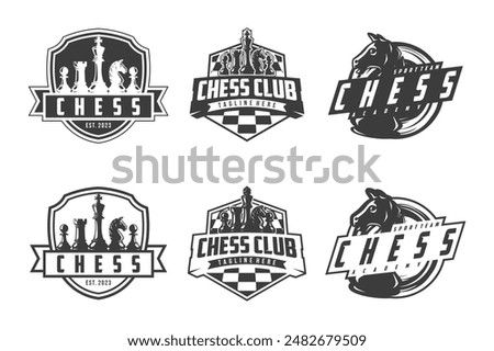 Chess logo set, logo design for championship, tournament, chess club, business card, monochrome vector Illustration