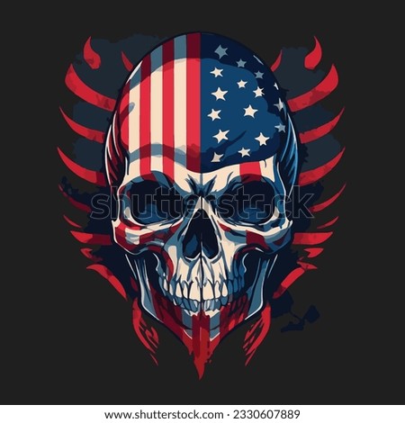 t-shirt illustration of a skull with the colors of the US flag painted on the face,
