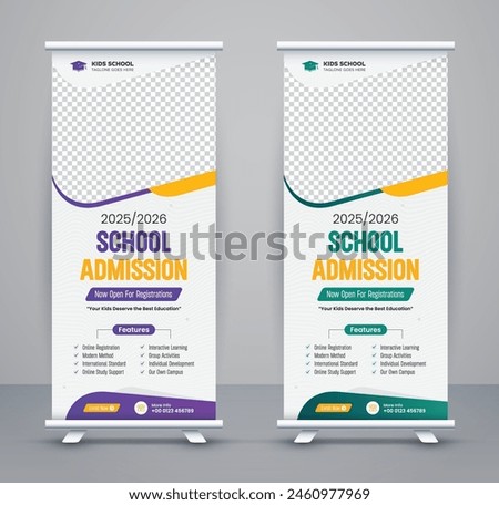 Modern advertising school admission roll up banner template and stand banner design, back to school roll up banner design. business rollup banners for marketing.