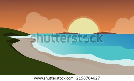 vector illustration of sunset on the beach. There are sea waves flowing calmly and also a beautiful sky and there are two mountains in the distance. Beautiful green hills also decorate the beach beaut Photo stock © 