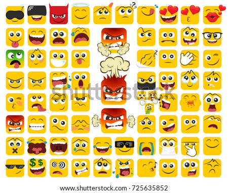 Big set of square emoticons with different emotions in a flat design