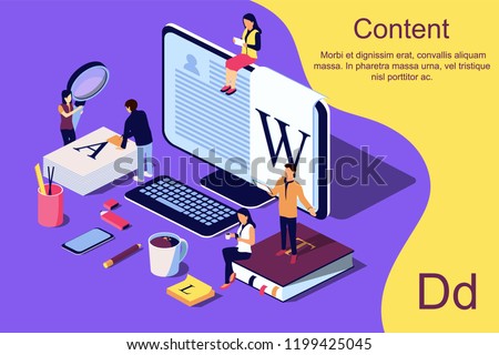 Isometric concept creative writing or blogging, education and content management for web page, banner, social media, documents, posters. Vector illustration for news, copywriting, seminars, tutorial