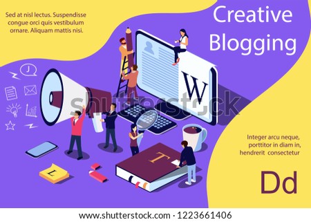 Creative Blogging isometric illustration concept, people learning about creative blogging or copywriting can use for web page, banner, presentation, social media, documents, cards, posters.