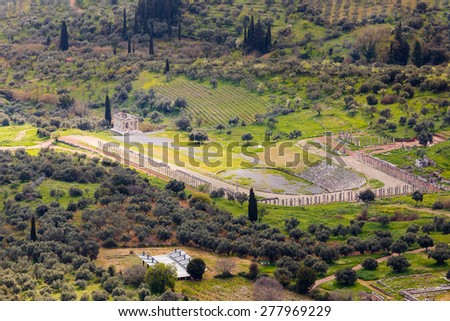 Ancient ruins of Ancient Messini, Messinia prefecture, Greece shot from a high point of view
