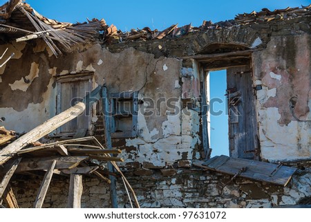 Old abandoned stone house ruins in Greece, interior detail