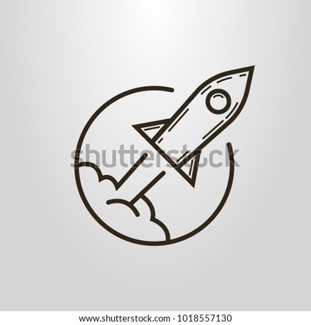 Black and white simple vector line art symbol of cartoon flying rocket in the round frame