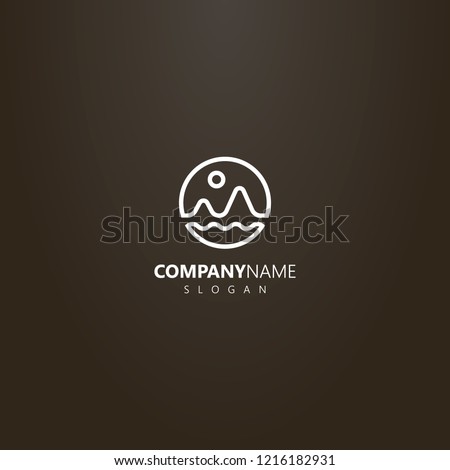 white logo on a black background. simple vector line art logo of the landscape of two mountains, the sun and the waves of water
