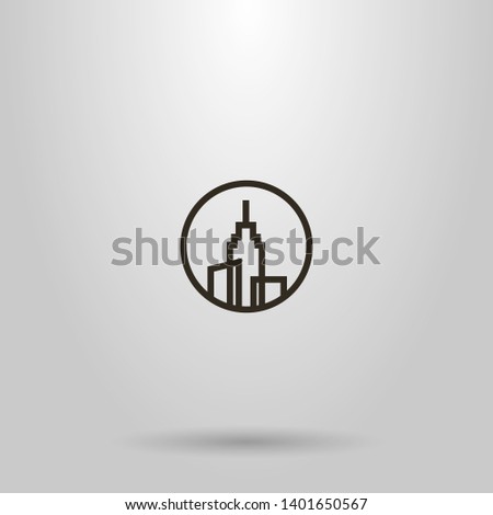 black and white simple vector line art sign of three high-rise buildings with a spire on the roof in a round frame