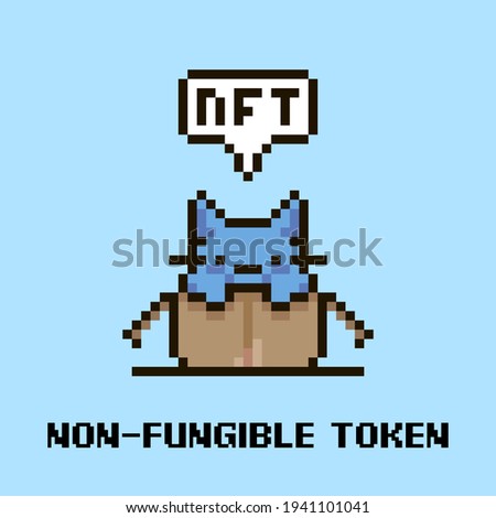 colorful simple flat pixel art illustration of cartoon cute kitten sitting in an open cardboard box and speech-bubble with text NFT and non-fungible token in it