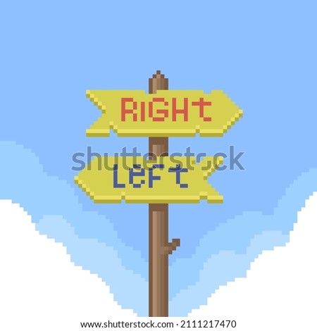 colorful simple flat pixel art illustration of cartoon wooden path sign pole with arrows indicating the direction to the right and left