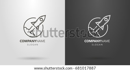 Black and white vector line art logo of flying rocket