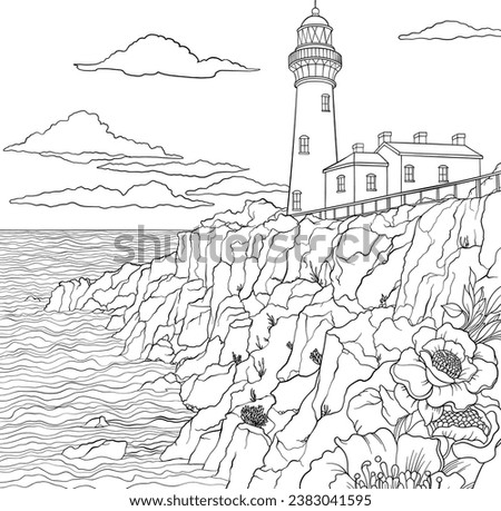 Beautiful sea view, cliffs, lighthouse, waves, vector outline colouring page design