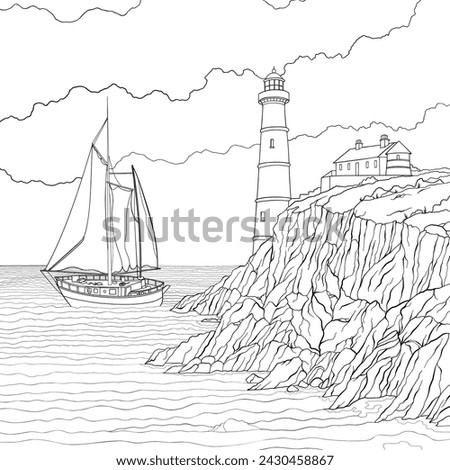Boat floating off shore, near cliffs. Vector coloring book page design