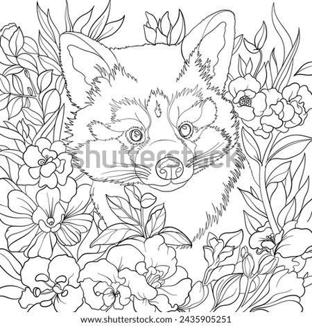 Red panda outline vector, colouring page design with leaves and flowers