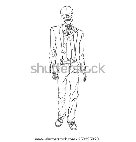 Zombie skeleton, walking undead, scary halloween, horror. Colouring book page design, vector outline.