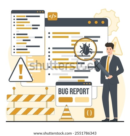 Bug report magnifier bug Bug Tracking Tool Protection from Computer Viruses in a Website Security Software tester concept illustration