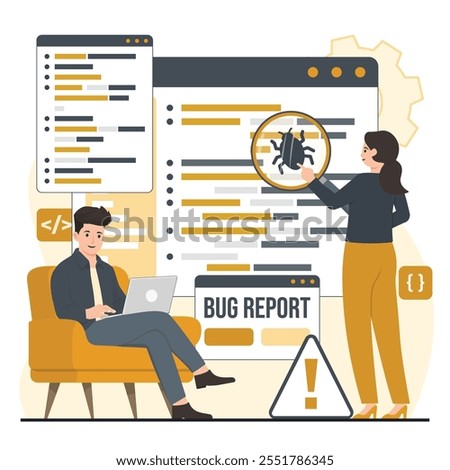 Bug report magnifier bug Bug Tracking Tool Protection from Computer Viruses in a Website Security Software tester concept illustration