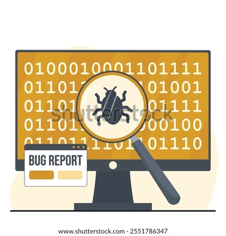 Bug report magnifier bug Bug Tracking Tool Protection from Computer Viruses in a Website Security Software tester concept illustration