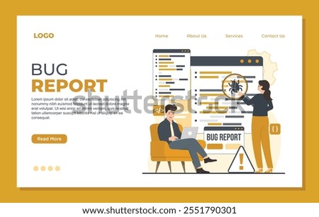 Bug report landing page template magnifier bug Bug Tracking Tool Protection from Computer Viruses in a Website Security Software tester concept illustration