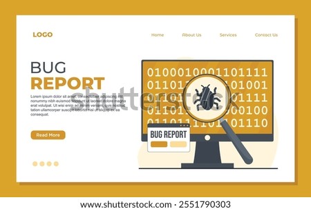 Bug report landing page template magnifier bug Bug Tracking Tool Protection from Computer Viruses in a Website Security Software tester concept illustration