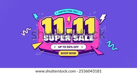 11 11 super sale promo banner with discount offer. 11 11 shopping festival super sale banner. Flash sale special offer banner for social media post or website banner. Flash sale campaign