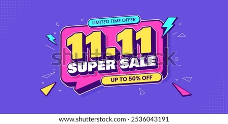 11 11 super sale promo banner with discount offer. 11 11 shopping festival super sale banner. Flash sale special offer banner for social media post or website banner. Flash sale campaign