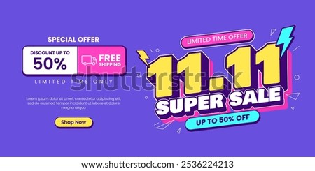 11 11 super sale promo banner with discount offer. 11 11 shopping festival super sale banner. Flash sale special offer banner for social media post or website banner. Flash sale campaign