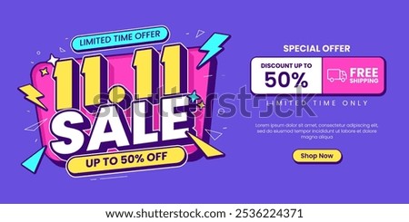 11 11 super sale promo banner with discount offer. 11 11 shopping festival super sale banner. Flash sale special offer banner for social media post or website banner. Flash sale campaign