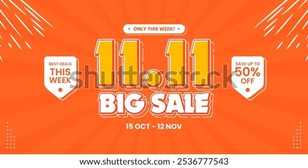 11 11 super sale promo banner with discount offer. 11 11 shopping festival super sale banner. Flash sale special offer banner for social media post or website banner. Flash sale campaign