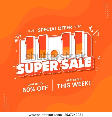 11 11 super sale promo banner with discount offer. 11 11 shopping festival super sale banner. Flash sale special offer banner for social media post or website banner. Flash sale campaign