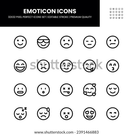 Emoji or Emoticon icons set in 32 x 32 pixel perfect with editable stroke