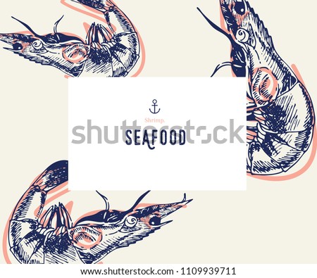 Seafood banner set. Hand drawn shrimp. Vector restaurant menu. Marine food banner, flyer design. Engraved isolated art. Delicious cuisine objects. Use for promotion, market, store banner