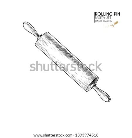 Bakery set. Hand drawn isolated wooden rolling pin. Kitchen tools. Vector engraved icon. For restaurant and cafe menu, baker shop, bread, pasty, sweets. Design template.