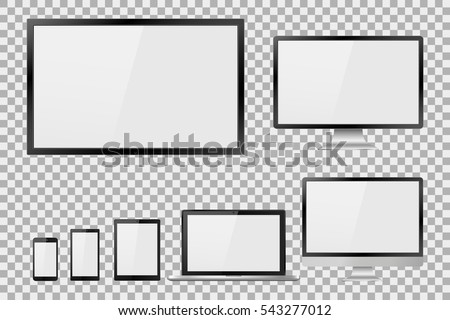 Set of realistic TV, lcd, led, computer monitor, laptop, tablet and mobile phone with empty white screen. Various modern electronic gadget on isolate background. Vector illustration EPS10