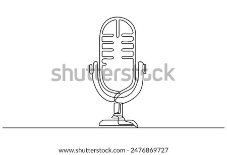 Continuous one line drawing of vintage microphone. microphone. Podcast microphone outline vector illustration. Editable stroke, Single one line drawing podcast concept. Continuous line draw design