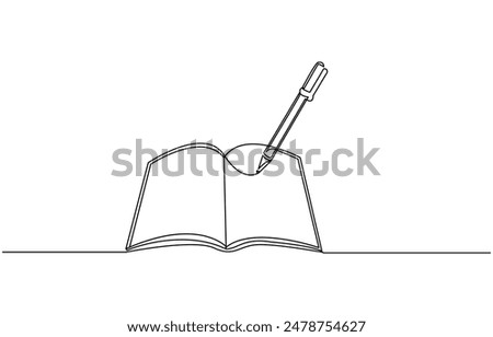 Continuous line drawing of book opening vector illustration, Continuous one line drawing open book with flying pages. Vector illustration education supplies back to school theme. Open book line art,