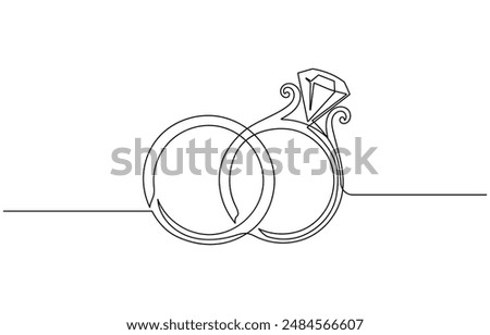 One continuous line drawing of Wedding rings. Romantic elegance concept and symbol proposal engagement and love marriage in simple linear style. Editable stroke.