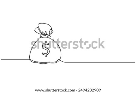 dollar money bag continuous line drawing. Hand holding coin continuous one line drawing art. Dollar linear symbol. Savings money concept. Vector isolated on white. Money bag with coins stack