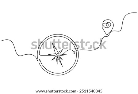 One continuous line drawing of traveler compass. Old navigate and adventure symbol in simple linear style. Business strategy and adventure concept in editable stroke. Doodle vector illustration