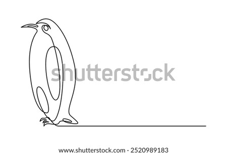 Penguin continuous one line art drawing of vector, One line penguin, sketch. Outline monochrome vector illustration of polar animal isolated on white background, Continuous line art of penguin