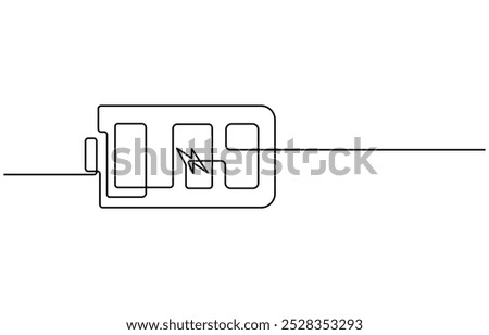 One continuous line drawing of battery charging. Lightning bolt symbol and electricity energy type sign in simple linear style. Editable stroke, One line drawing of battery full of charge