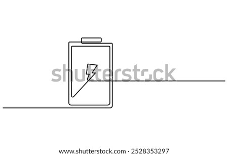 One continuous line drawing of battery charging. Lightning bolt symbol and electricity energy type sign in simple linear style. Editable stroke, One line drawing of battery full of charge