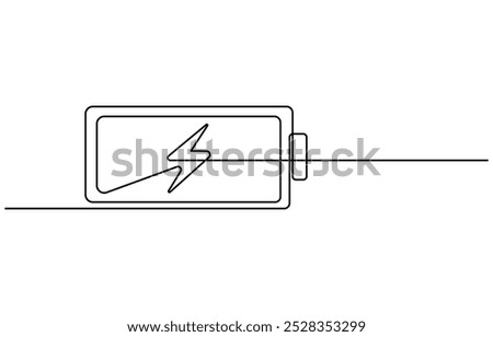 One continuous line drawing of battery charging. Lightning bolt symbol and electricity energy type sign in simple linear style. Editable stroke, One line drawing of battery full of charge