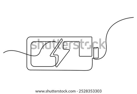 One continuous line drawing of battery charging. Lightning bolt symbol and electricity energy type sign in simple linear style. Editable stroke, One line drawing of battery full of charge