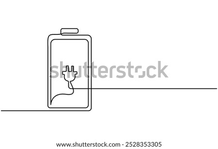 One continuous line drawing of battery charging. Lightning bolt symbol and electricity energy type sign in simple linear style. Editable stroke, One line drawing of battery full of charge